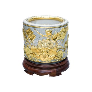 Bát hương đắp nổi sen đường kính 20cm - Bộ đồ thờ men rạn cổ dát vàng