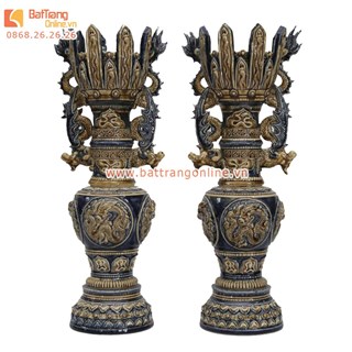 Chân đèn thờ khắc nổi họa tiết rồng - cao 45cm