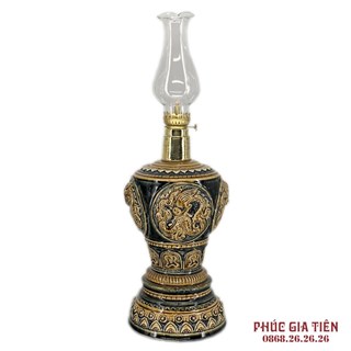 Đôi đèn dầu thờ khắc rồng nổi - men nâu - cao 32 cm