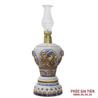 Đôi đèn dầu thờ khắc nổi rồng cao 34cm - men rạn cổ