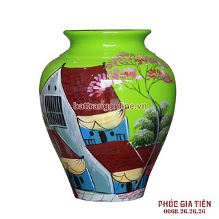 Vò bóng sơn mài ngấn cảnh phố cổ nền xanh cao 27cm